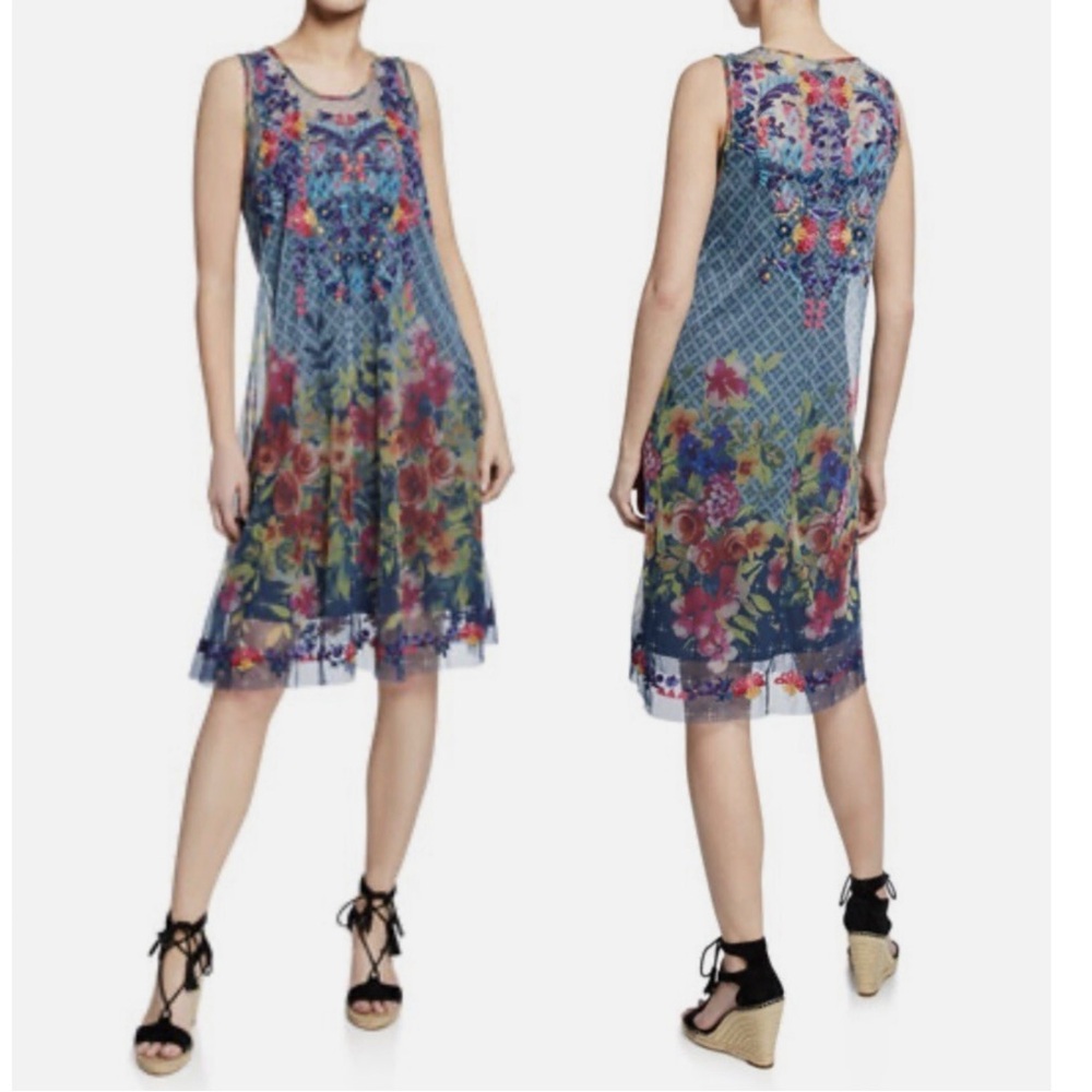 Johnny Was x Biya Rhandi Mixed-Print Sleeveless Mesh Dress w/ Embroidery NEW NWT